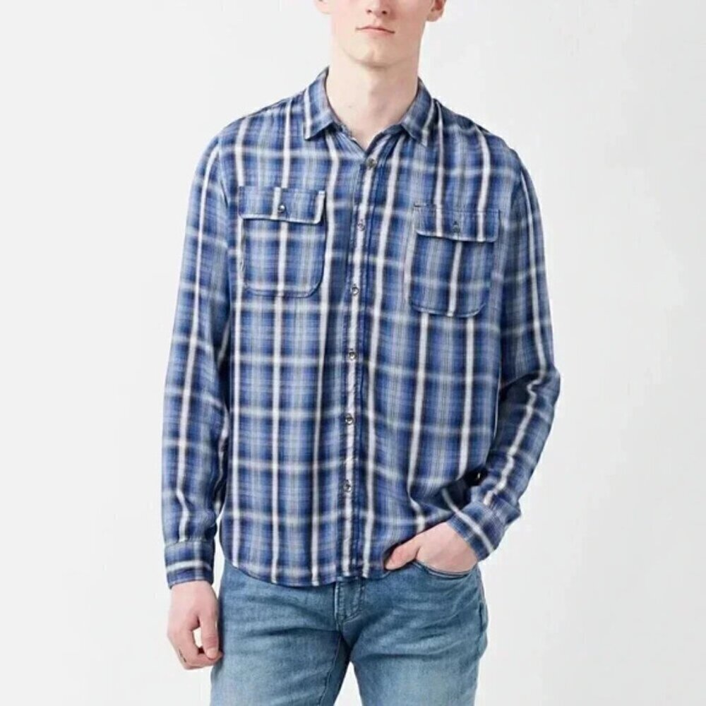 NWT Buffalo Plaid Check Blue Snap Button Dress Shirt Size Large